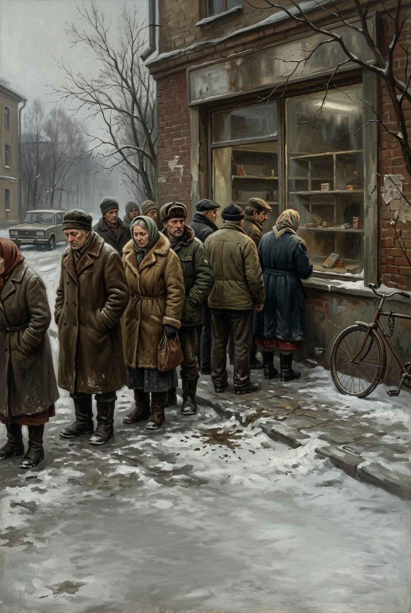 зимна опашка пред магазин през 1997 г., празни рафтове
