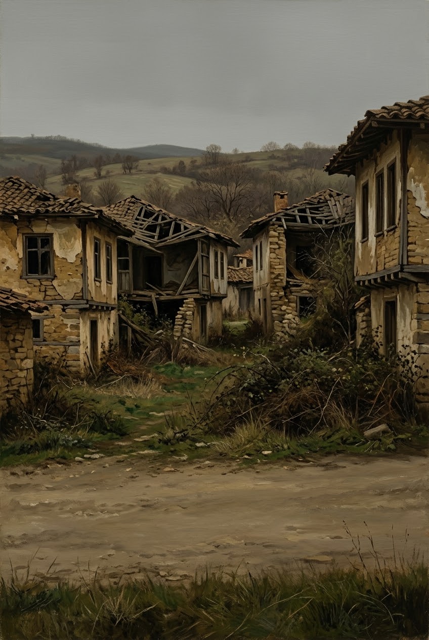 обезлюдено село със заключени къщи, днешна България