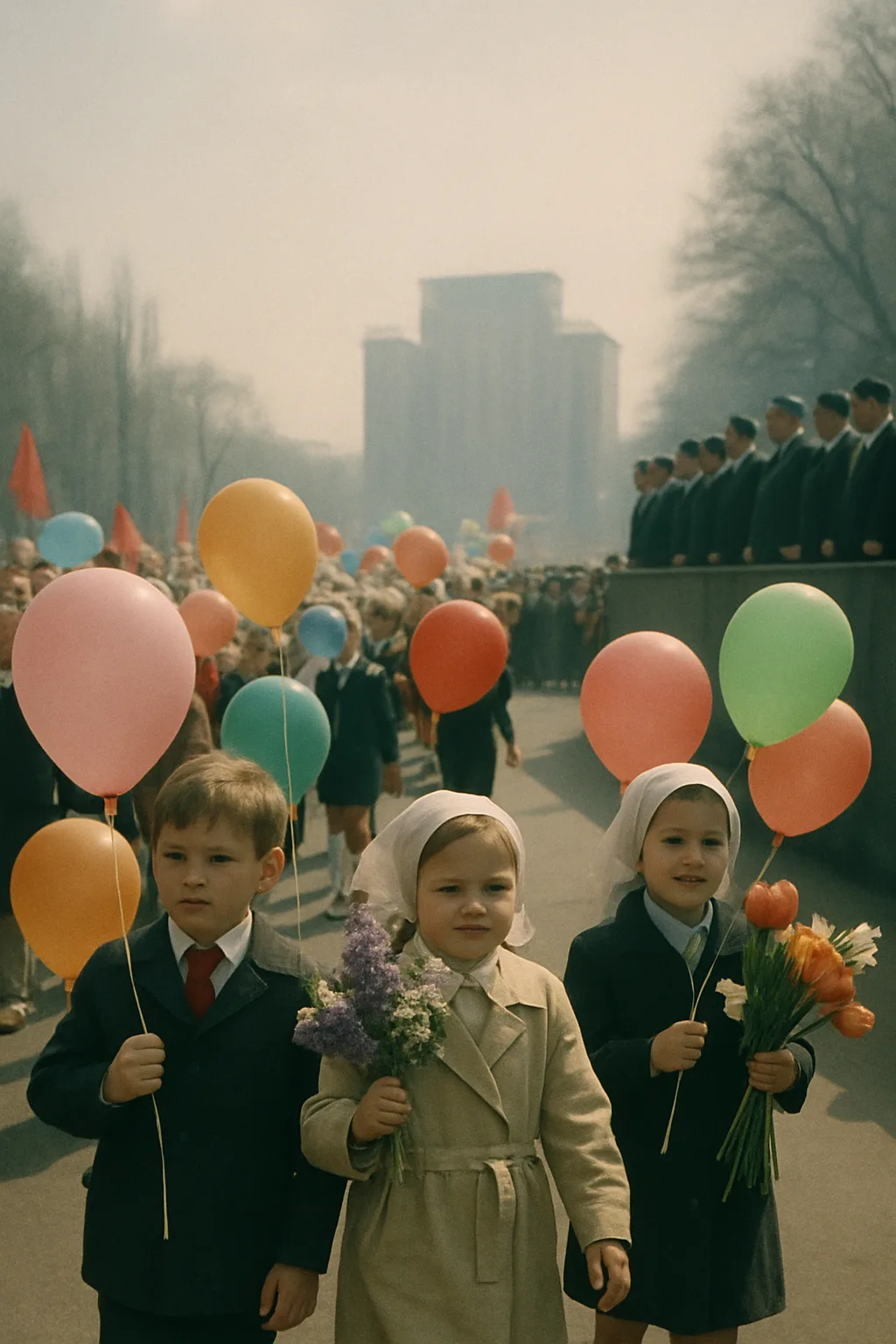 първомайският парад в Киев, 1 май 1986 г. — деца с балони под чисто небе