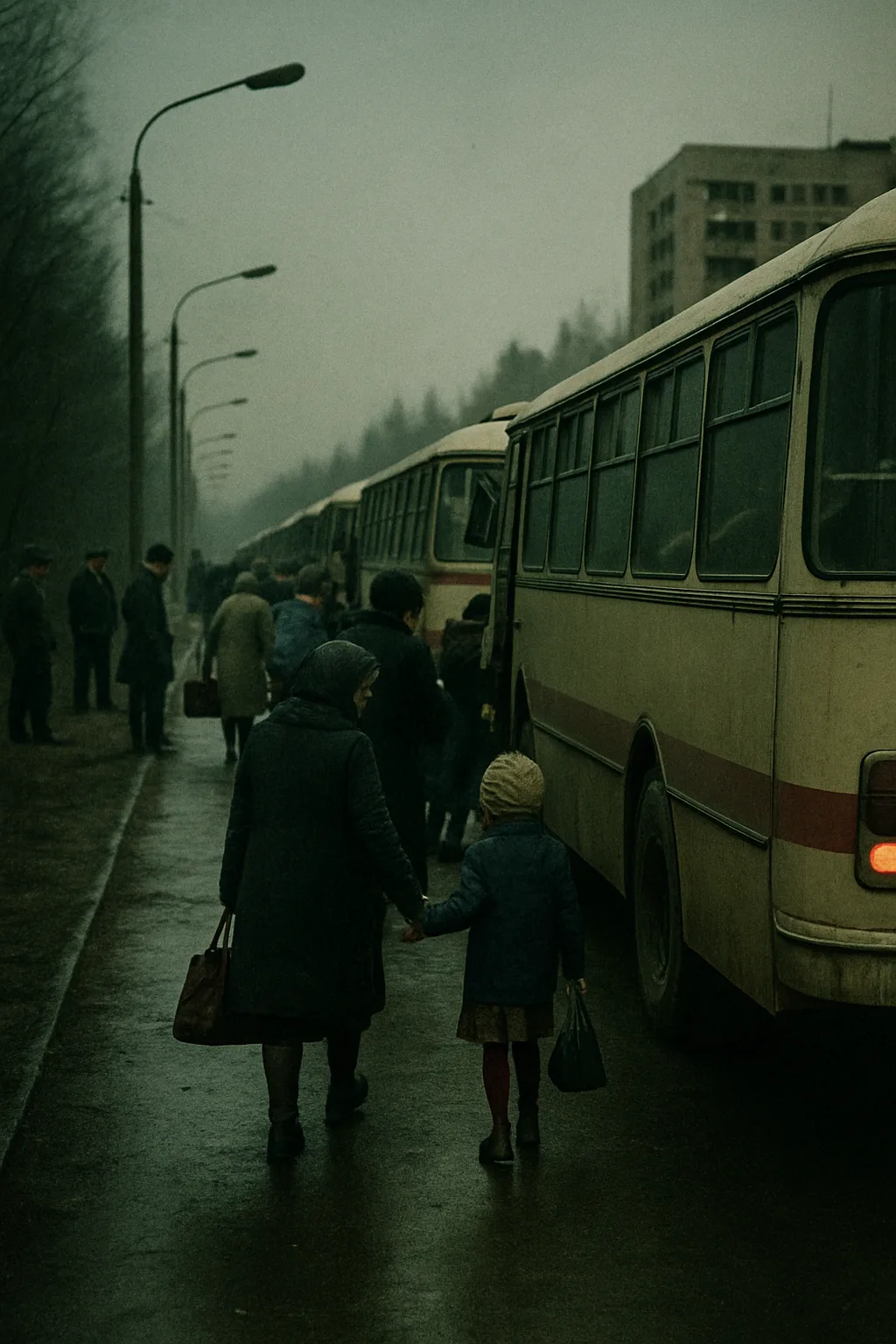 колоната автобуси, която извозва Припят, 27 април 1986 г.