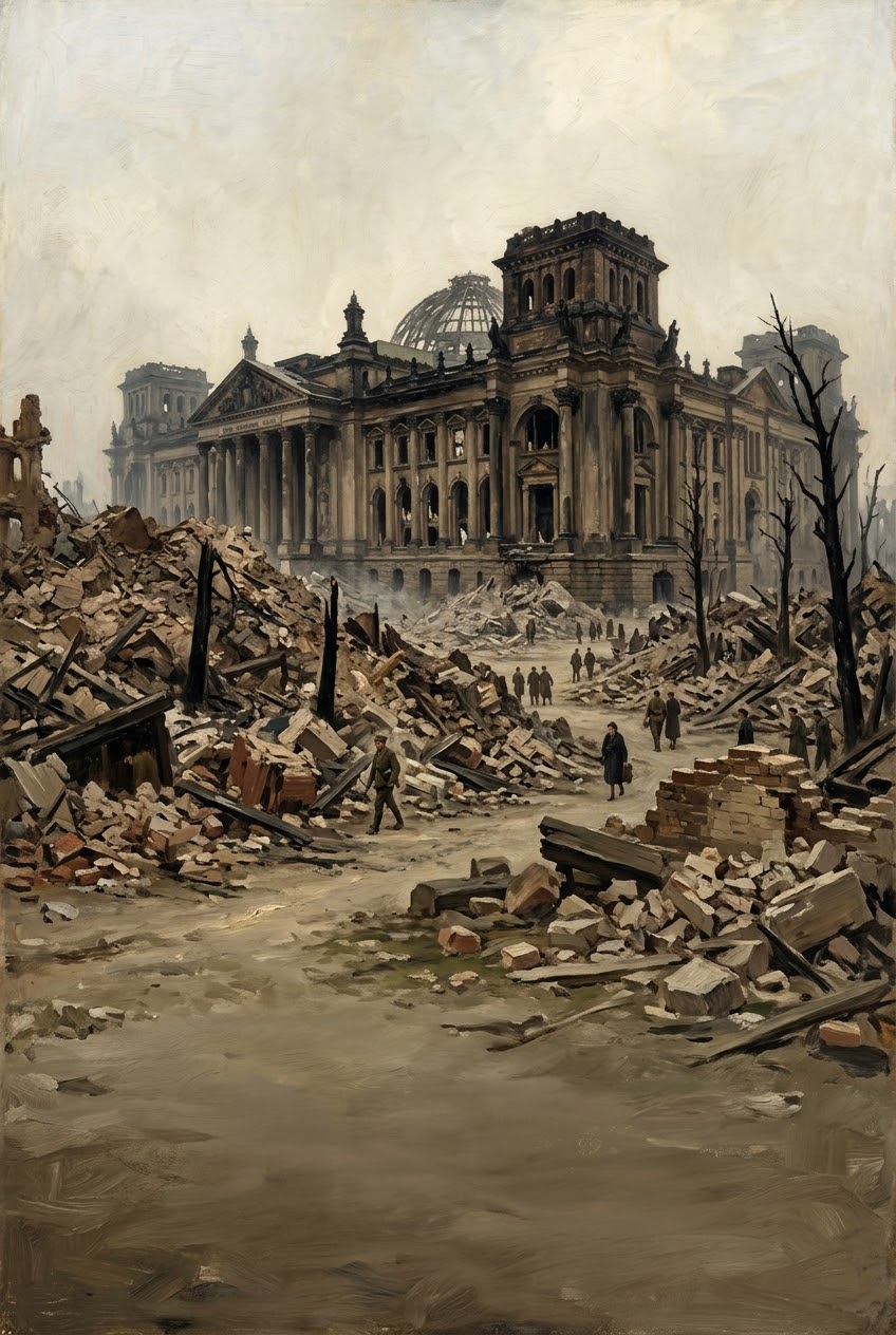 разрушен Берлин, май 1945 г., изгорял райхстаг